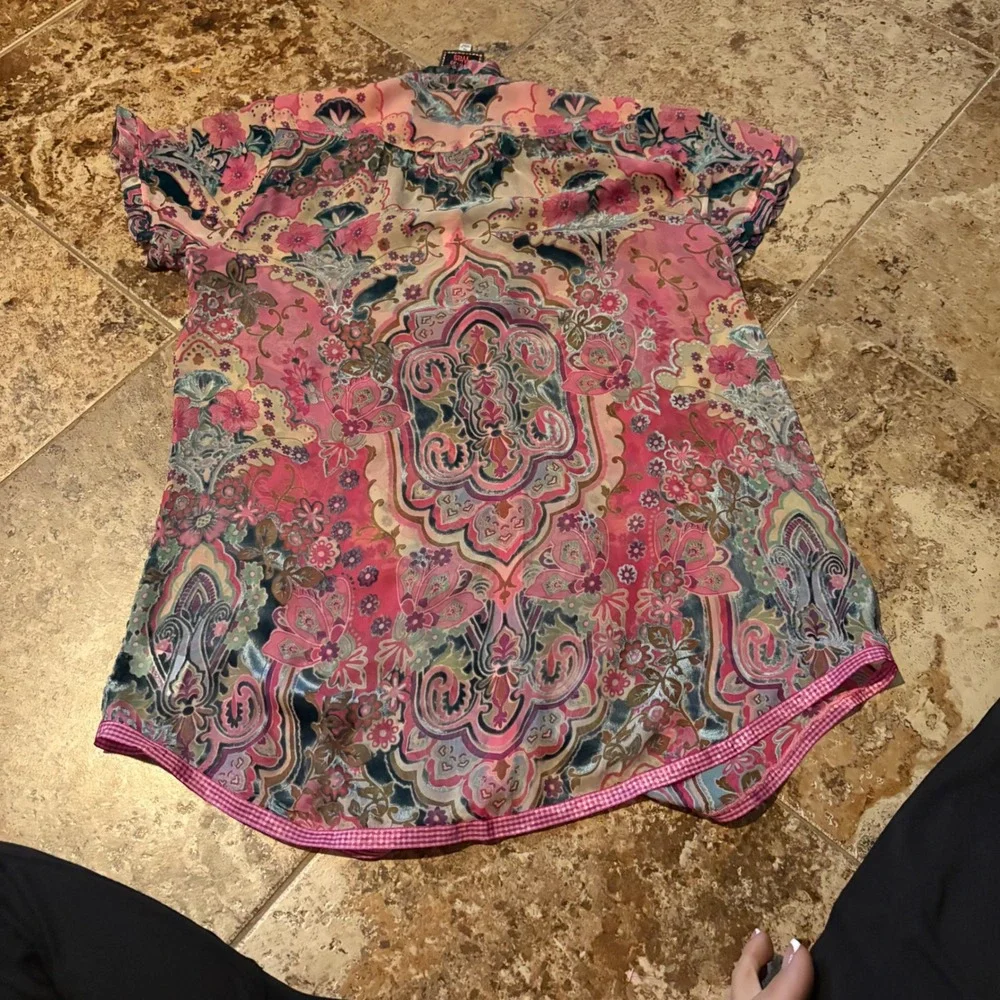 JOHNNY WAS Zoli Tape Hem Burnout Tunic silk-blend Button Down Size XS‎